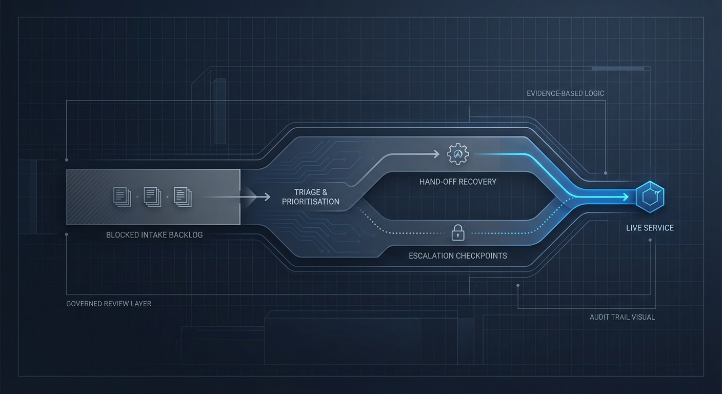 Technical illustration showing service flow recovery.